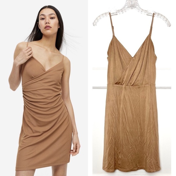 NWT L'AGENCE Beige Stretch Jersey Sleeveless V-Neck Faux Wrap Mini Slip Dress 2 - Picture 1 of 5